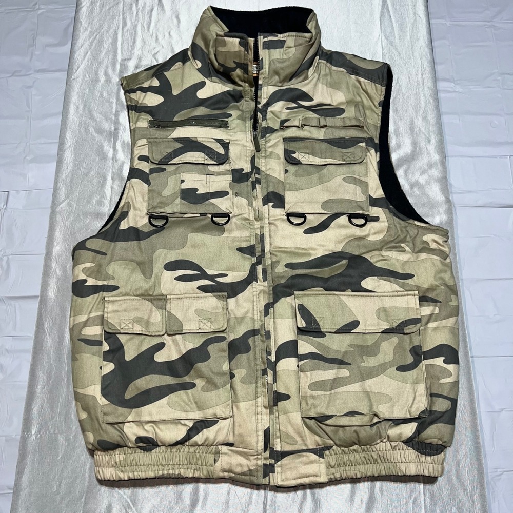 10W Apparel Workwear Camo Utility Vest XL Green Brown Full Zip Multi-Pocket